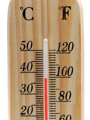 A wooden thermometer with a red line that indicates very high temperatures