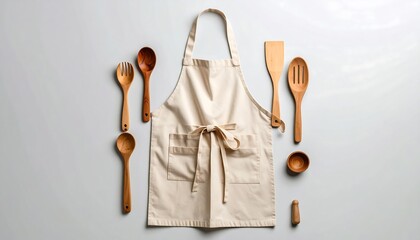 Beige apron and wooden kitchen tools
