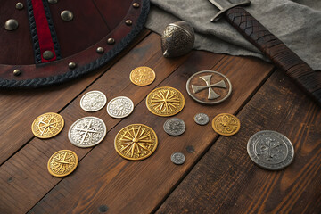 Medieval coins and shield create historical atmosphere of adventure