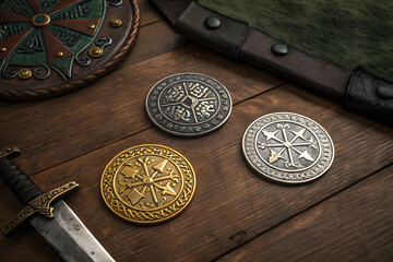 Medieval shields and sword create captivating scene of valor and history