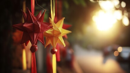Red and yellow star-shaped lanterns glow against a golden sunset, with delicate silk ribbons fluttering in the breeze.
