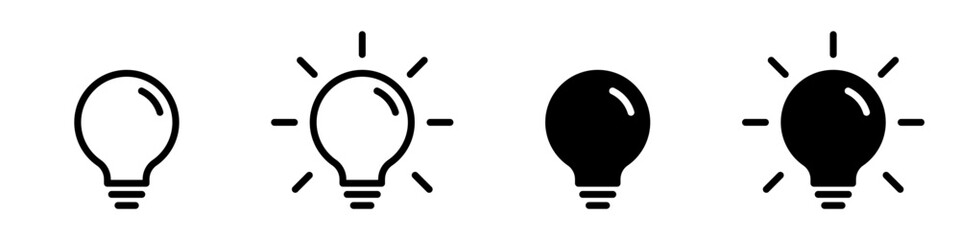 Light bulb with rays shine icon set. Idea symbol. Electric lamp, light, innovation, solution, creative thinking, electricity. Outline, flat, and colored symbol illustration