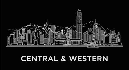 Naklejka premium Central Western Hong Kong Skyline Illustration in White Against Black Background.