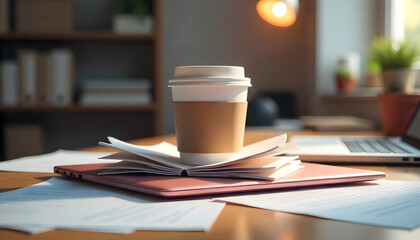 paper coffee cup sits on open book, surrounded by documents and laptop, creating cozy workspace