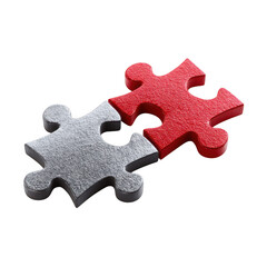 Fototapeta premium Two textured puzzle pieces one silver and one red connecting together isolated on transparent background