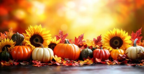 Warm composition featuring pumpkins, leaves, and sunflowers. 