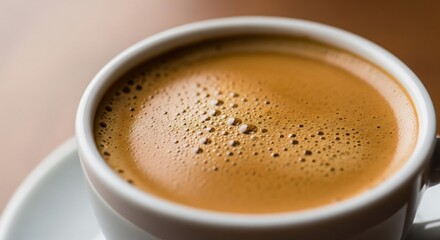 Fototapeta premium Close-up of a cup filled with coffee, showing the creamy surface and small bubbles.