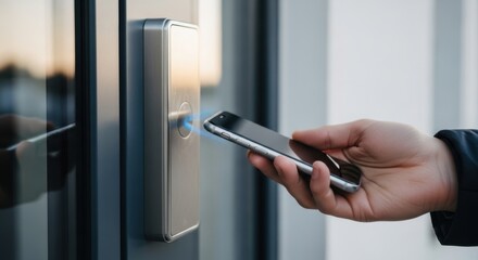 A hand holds a smartphone near a modern access control system for entry
