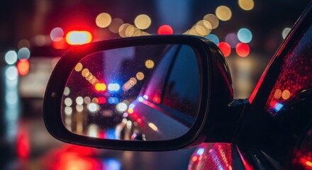 The side mirror of a car reflects the blurred, colorful lights of a city at night during a rainy evening