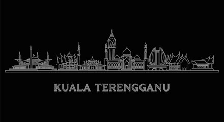 Fototapeta premium Kuala Terengganu with Malaysia, Cityscape Silhouette Line Art, Black Background, and Travel.