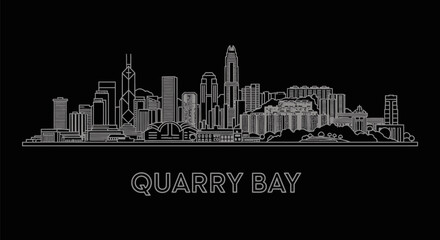 Fototapeta premium Minimalist White Line Art of Quarry Bay with Hong Kong Skyline Against Black Background.