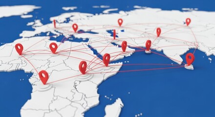 A stylized world map displays interconnected global locations with red lines, symbolizing networks and travel