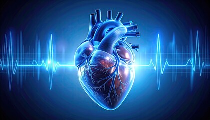 3D anatomical heart graphic with EKG waves