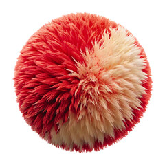Close up of a fluffy spherical object with red and cream colored bristles