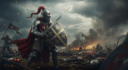 brave knight stands resolute on battlefield, surrounded by chaos and fallen warriors