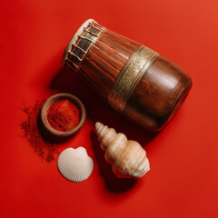 Flat Lay of Sindoor, Conch Shell, and Traditional Dhak Drum on Red Background