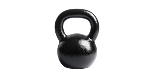 Glossy black kettlebell for exercise and lifting isolated on white transparent background