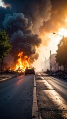 A burning car on a street amidst destruction