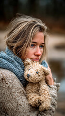 A woman with disheveled hair and soulful blue eyes holds a tattered teddy bear, wrapped in a chunky knit scarf.