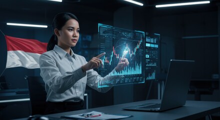 Indonesian Businesswoman Analyzing Financial Data via Futuristic Holographic Interface
