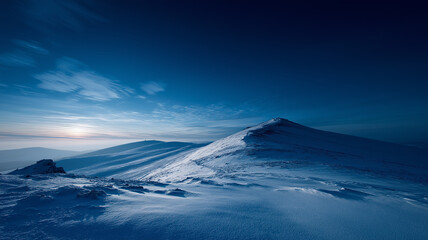 Mountain Pass Drenched in Twilight Blue with Wind-Shaped Snow Dunes - beautiful image, nature view, real look