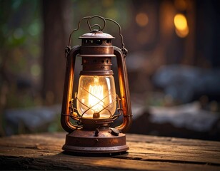 Antique kerosene lamp on weathered wooden table