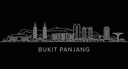 Fototapeta premium Bukit Panjang Skyline Minimalist White Outline on Black Singapore Urban.