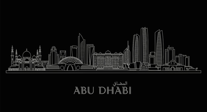 Abu Dhabi Minimalist Skyline White Outline with Black Background, and United Arab Emirates.