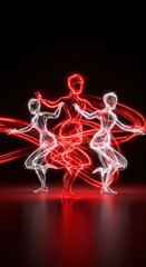 Dynamic Dance Trio: Neon Light Trails Capture Graceful Movement in Abstract Artistic Expression