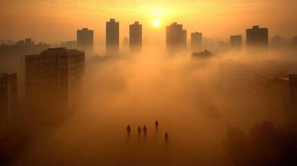 Foggy urban sunrise. Four figures walk through a thick orange haze over city buildings