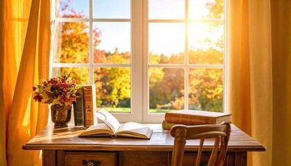Autumn window view from a cozy desk
