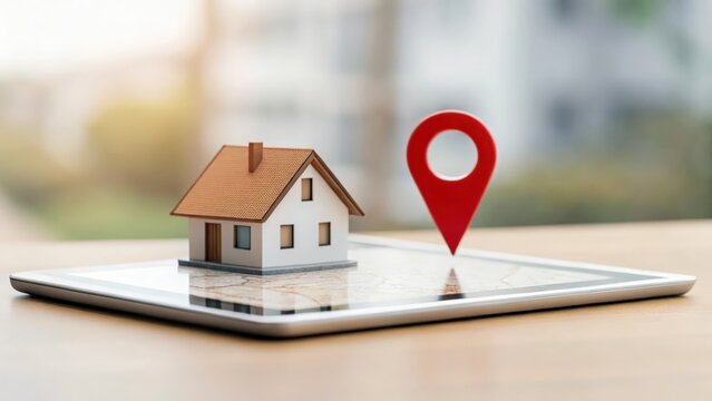 Map pin merged with house block on digital tablet — location-based property selection
