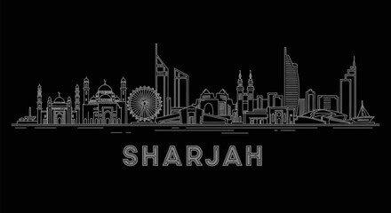 Fototapeta premium Sharjah Skyline in Light Modern Architecture on Dark Backdrop.