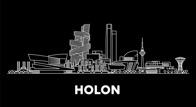 Holon Skyline Modern City Silhouette with Minimalist Style on Black.
