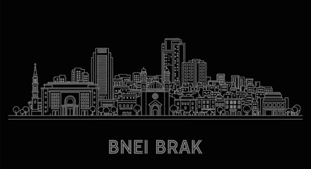 Fototapeta premium Bnei Brak Skyline Israel Cityscape Outline on Black Background.
