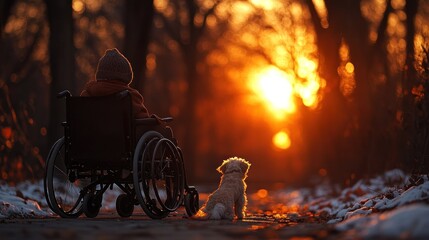 Golden sunset, disabled person, dog