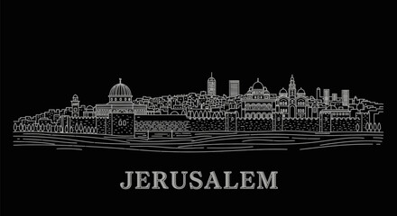 Jerusalem Skyline Silhouette Holy City Vector Line Art Black background.