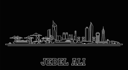 Minimalist Jabal Ali Skyline White Outline on Black Background.