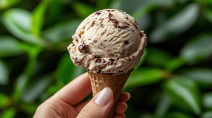 Hand holding ice cream cone with scoop of vanilla chocolate chip ice cream against out-of-focus green leaves