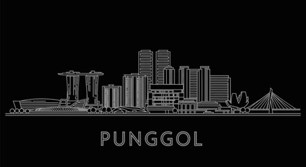 Naklejka premium Punggol with Singapore Skyline Line Art, and Architecture on Black.