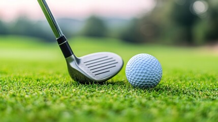 Golf club and ball on a green