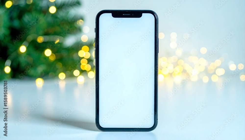 Fototapete Mobile phone with blank screen displayed on green background in modern digital style with smartphone and technology elements.