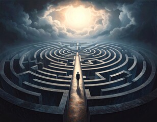 A man walks through a large circular maze toward a light