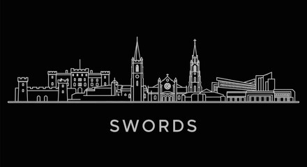 Fototapeta premium Swords skyline white outline against black background Vector city image.