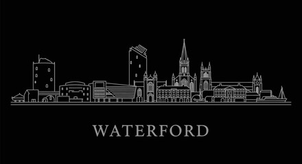 Naklejka premium Waterford Ireland Skyline Outline with Minimalist, and Black Background.