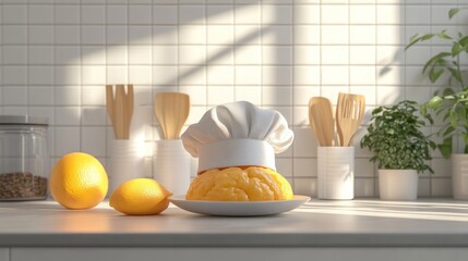 Kitchen scene; chef's hat on citrus-shaped brain