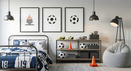 Modern boy's bedroom decorated with soccer-themed artwork and accessories.