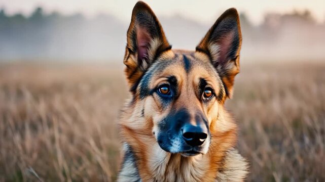 Close-up of a shepherd dog against a field - the dog looks at the camera and turns its head, an attentive look, 4K