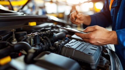 Mechanic inspecting car engine with tablet