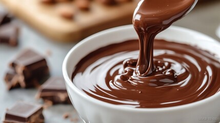 Melted chocolate in a bowl, with a spoon